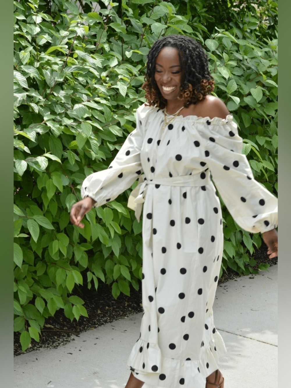 Who What Wear Off-Shoulder Black Polka Dot Cream Midi Dress Size Medium Cotton